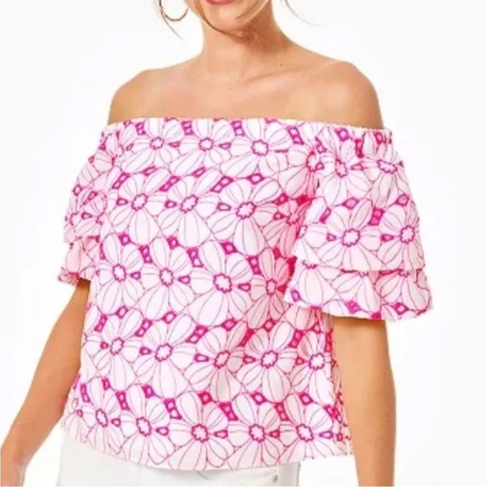 Lilly Pulitzer Razberry Botanical Chiffon Eyelet Lesley Off the Shoulder Blouse